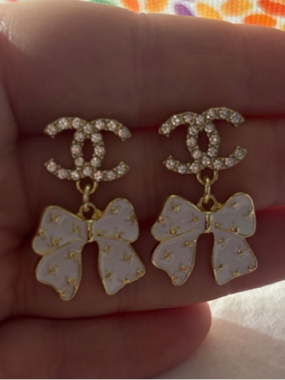 Fashion Jewelry Gold-Tone Rhinestone Logo Bow Drop Earrings in White